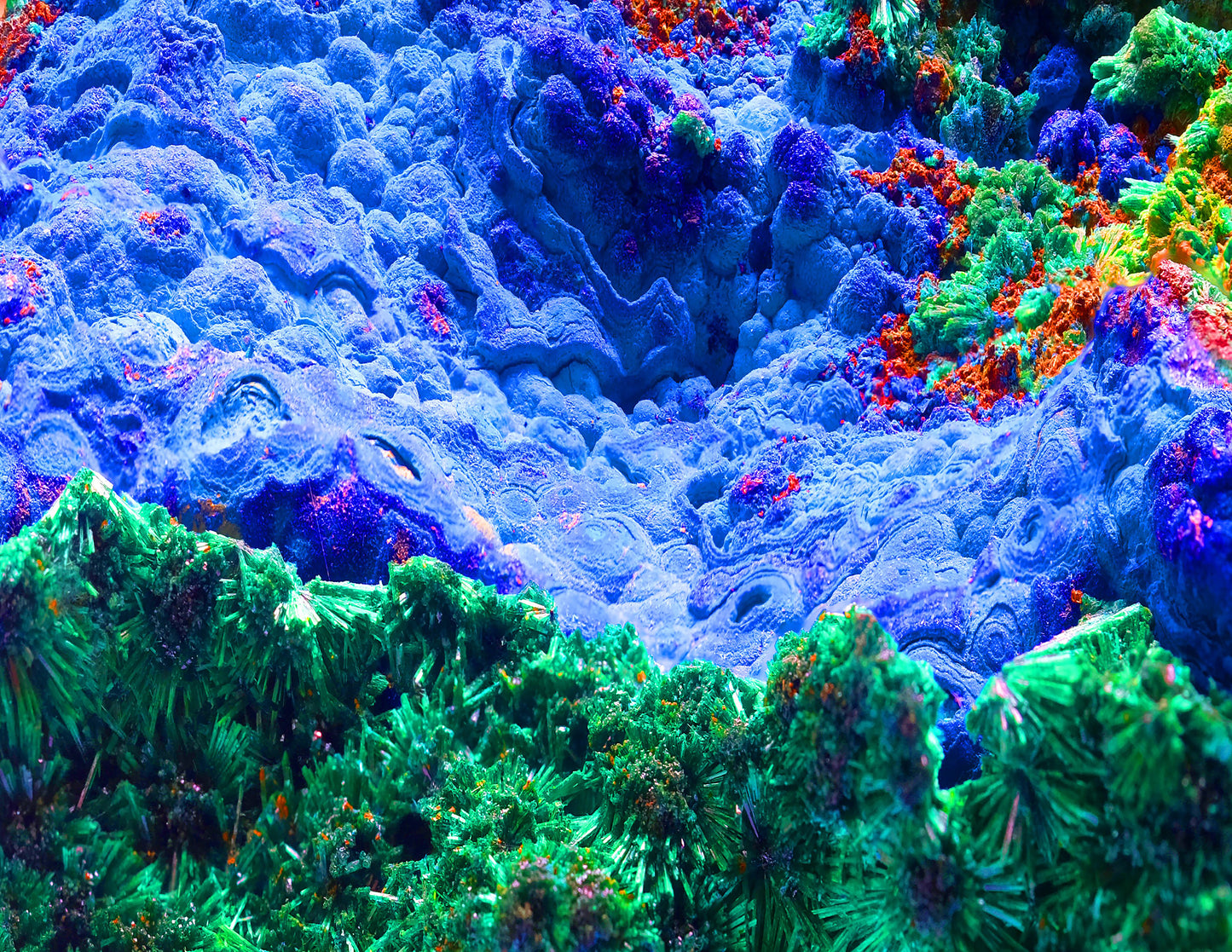 Flare Dress: Malachite Crystals and Azurite Botryoids and Red Cuprite, Queen Copper Mine, Bisbee, Arizona, Yale Circa 1900, Original Color