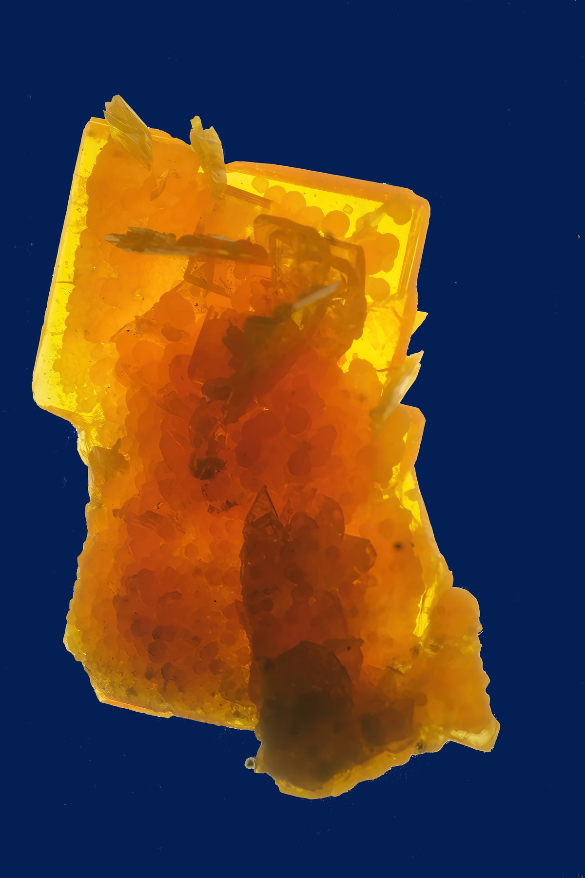 Mimetite on Tablecloth: Mimetite, on Wulfenite — San Francisco Mine, Mexico — EX Chris Wright — Original ColorWulfenite San Francisco Mine 3 Rectangular Tablecloth 102" x 60"  | Ships from USA