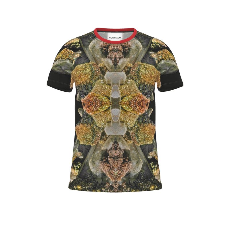 Cut and Sew All Over Print T-Shirt: Calcite with Irridescent Marcasite, Brushy Creek, Viburnum Trend, Missouri, USA, Neal Pfaff, Original Color