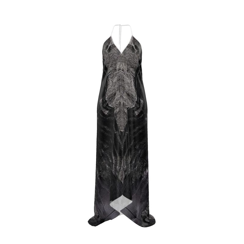 Halterneck backless dress: Charcoal formed approximately 50,000 years ago when lava from a Washington State volcano engulfed tree, carbonizing it.