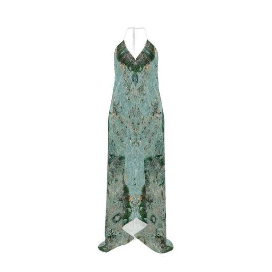 Halterneck backless dress: Fuschite with pyrite, Australia