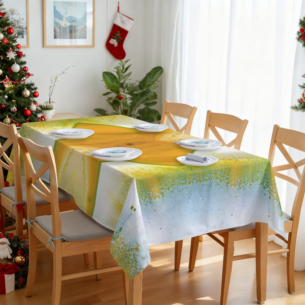 Tablecloth: A Color (Hansa Yellow) and D color (Pthalo Green) Dispersing in Croom Acrylic House Paint — North Carolina — Original Color