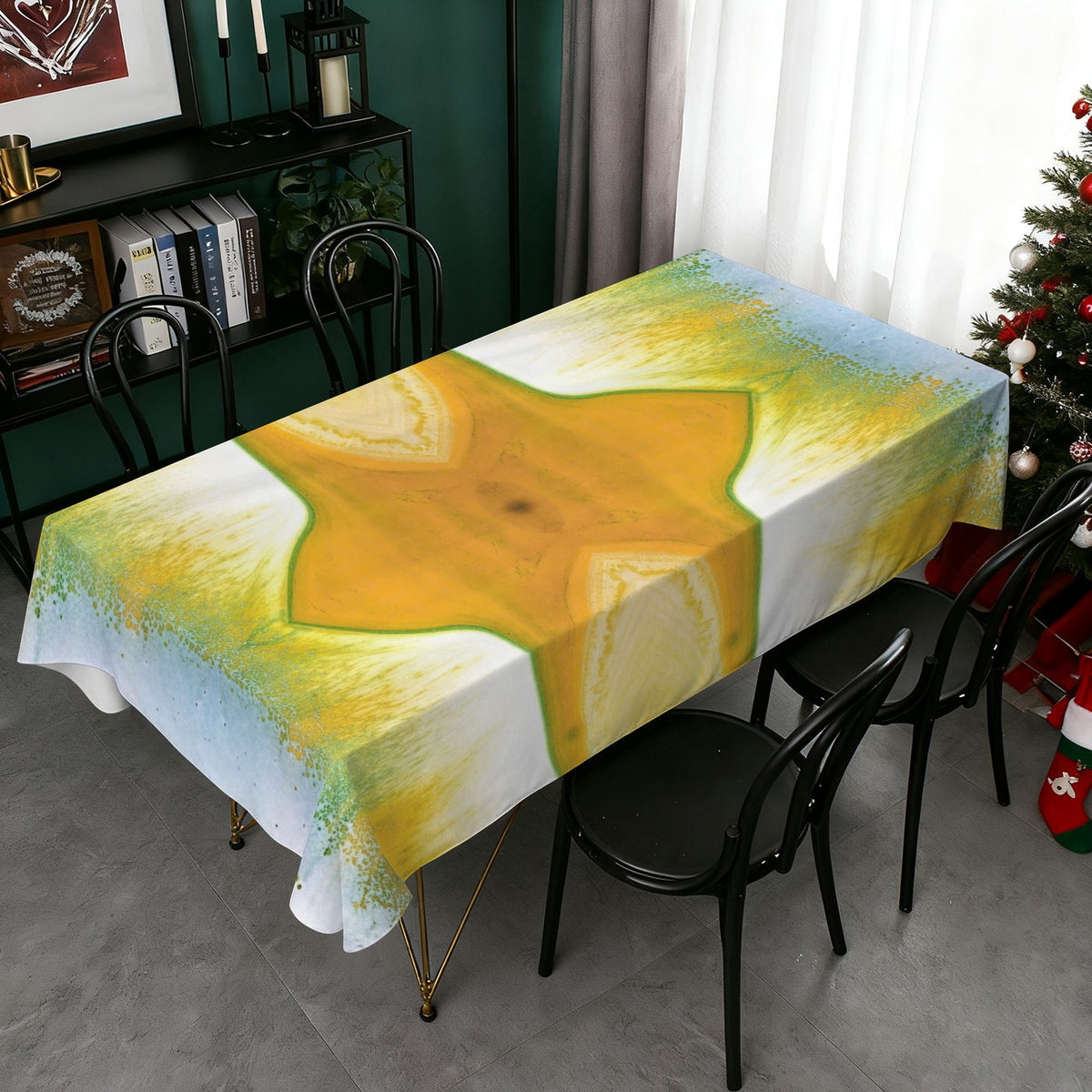 Tablecloth: A Color (Hansa Yellow) and D color (Pthalo Green) Dispersing in Croom Acrylic House Paint — North Carolina — Original Color