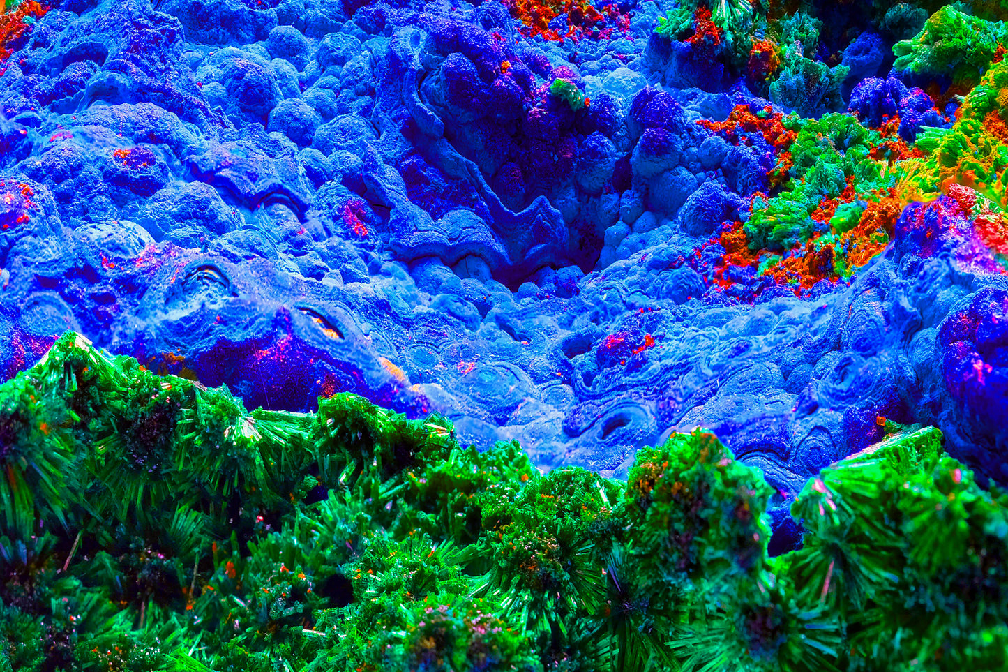 Tablecloth: Malachite Crystals and Azurite Botryoids, Queen Copper Mine, Bisbee, Arizona, USA, Yale Circa 1900, Original Color